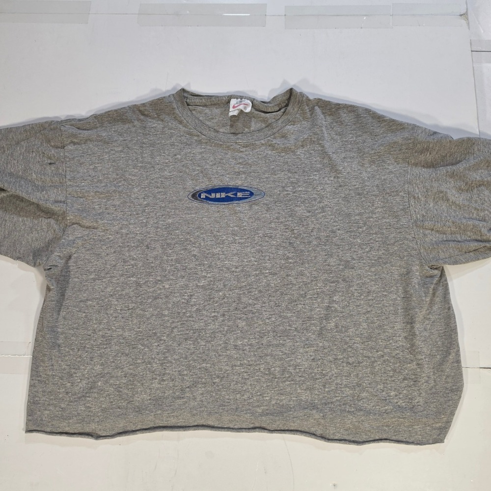 Vintage Nike Cropped T-Shirt Gray‎ Heather Oval Center Swoosh Logo Mens XL Boxy